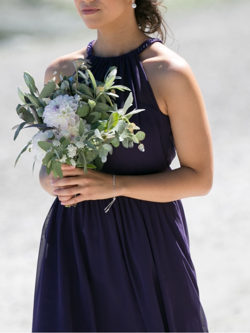 Elegant Beaded Halter Evening Dress - Deep Purple